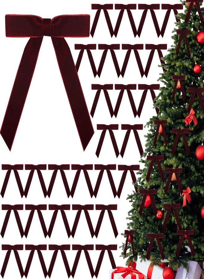 BeapTcely 30 Pcs Christmas Velvet Wreath Bow, 5 x 7 Inch Vintage Velvet Ribbon Bows Rustic Crafts Gift Bows for Indoor Outdoor Wreaths Garland Holiday Xmas Tree Wrapping Crafts (Burgundy Red, Width of 1") - Image 1